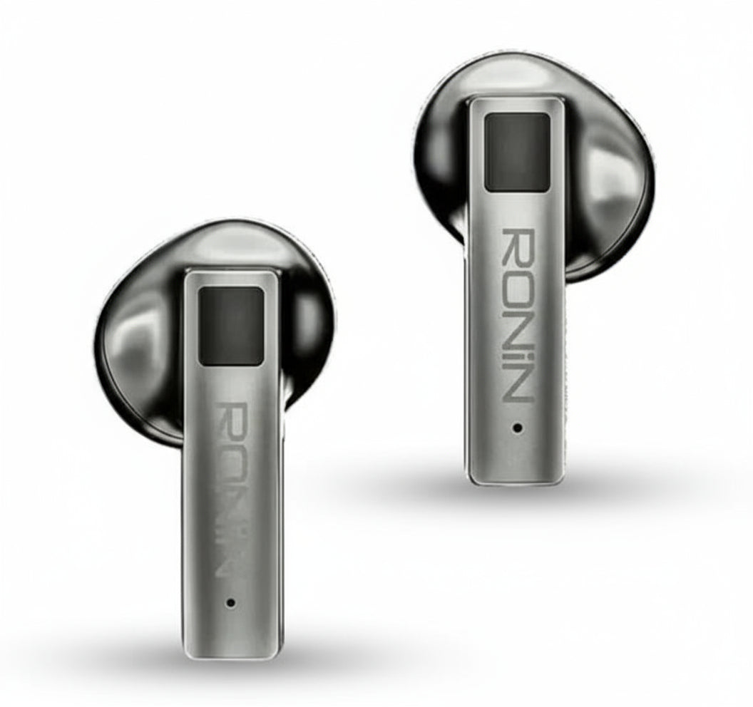Silver earbuds with 'RONIN' branding on a black background