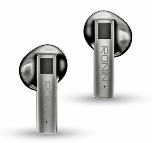 Silver earbuds with 'RONIN' branding on a black background